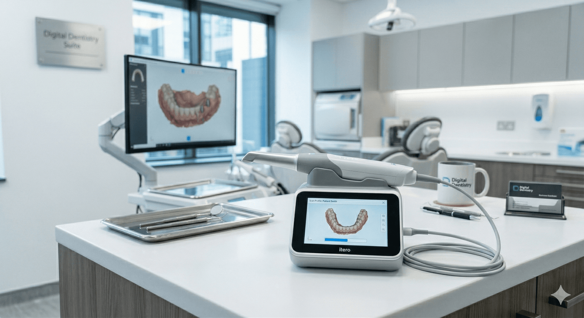 Digital dentistry suite with intraoral scanner and CAD/CAM monitor